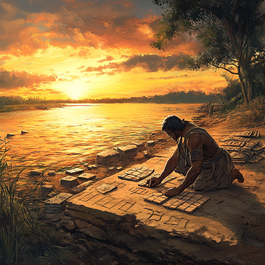 Photorealistic depiction of an ancient trader keeping clay-tablet records by water