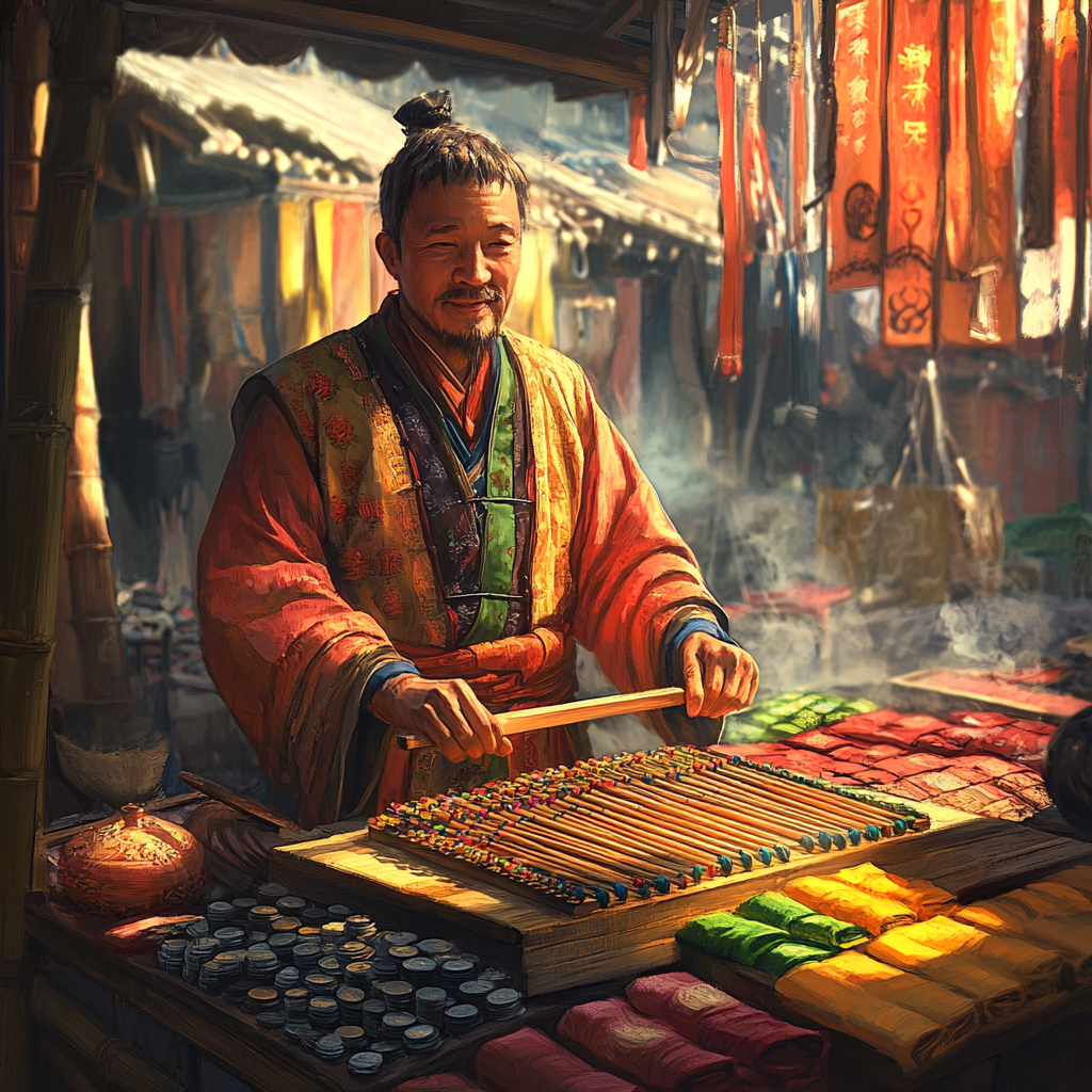 Artwork of a merchant using an abacus in a historical marketplace setting